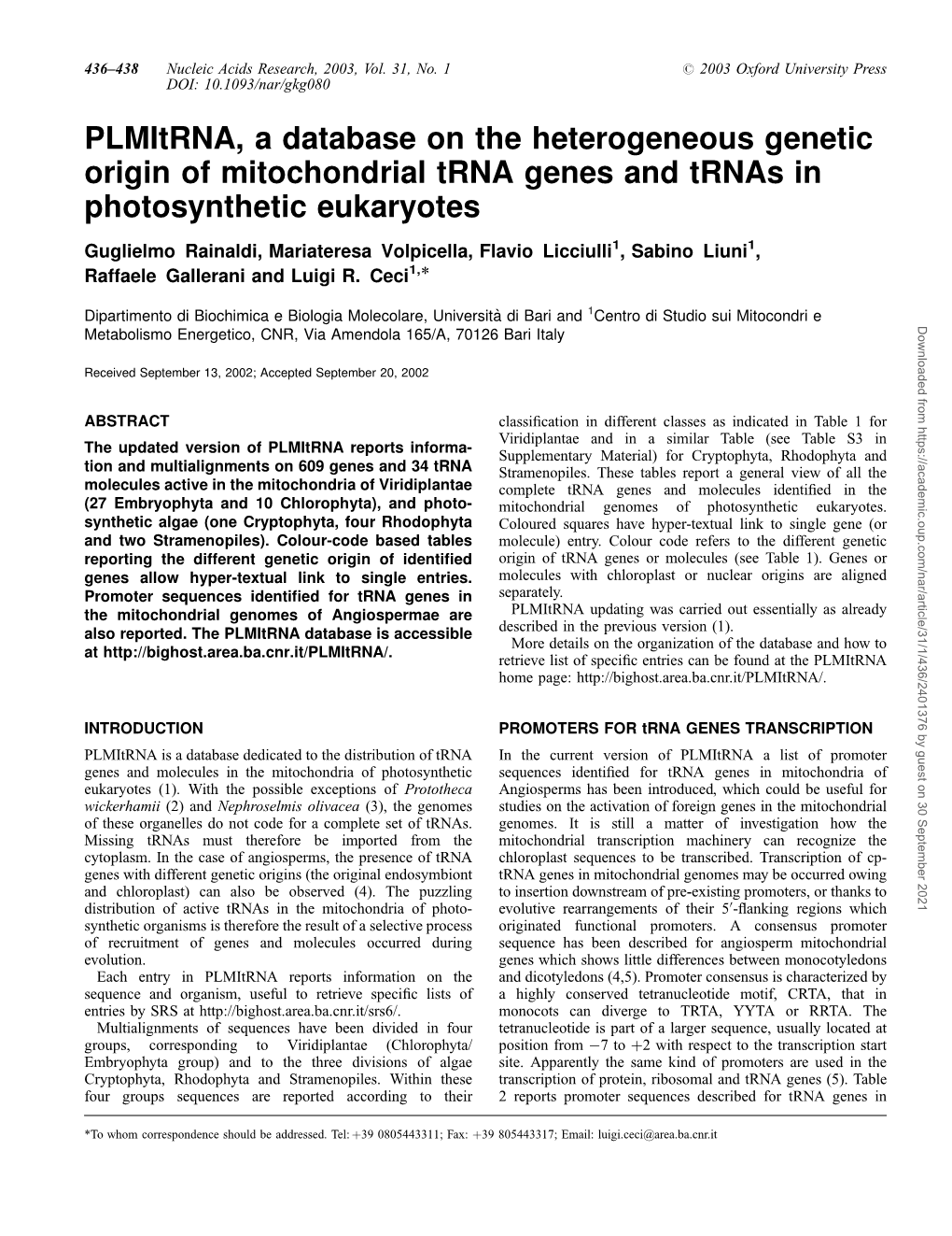 Plmitrna, a Database on the Heterogeneous Genetic Origin of Mitochondrial Trna Genes and Trnas in Photosynthetic Eukaryotes
