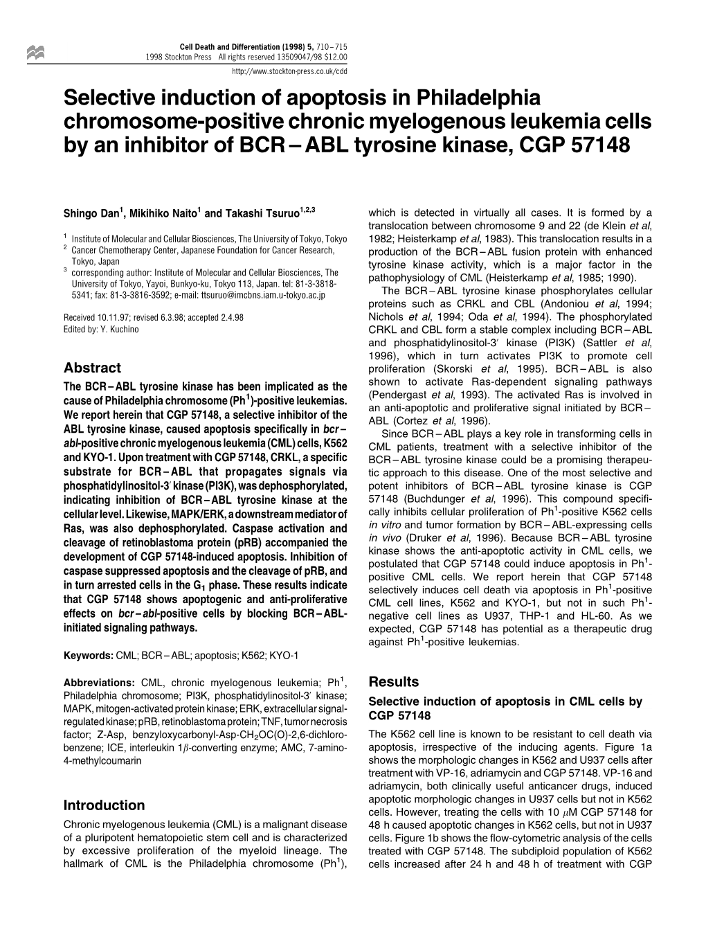 Selective Induction of Apoptosis in Philadelphia Chromosome-Positive Chronic Myelogenous Leukemia Cells by an Inhibitor of BCR ± ABL Tyrosine Kinase, CGP 57148