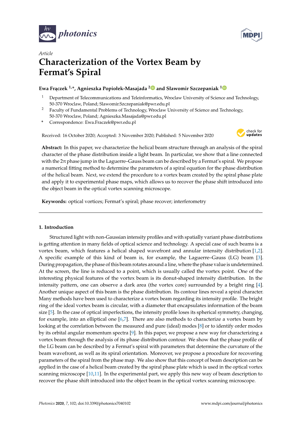 Characterization of the Vortex Beam by Fermat's Spiral