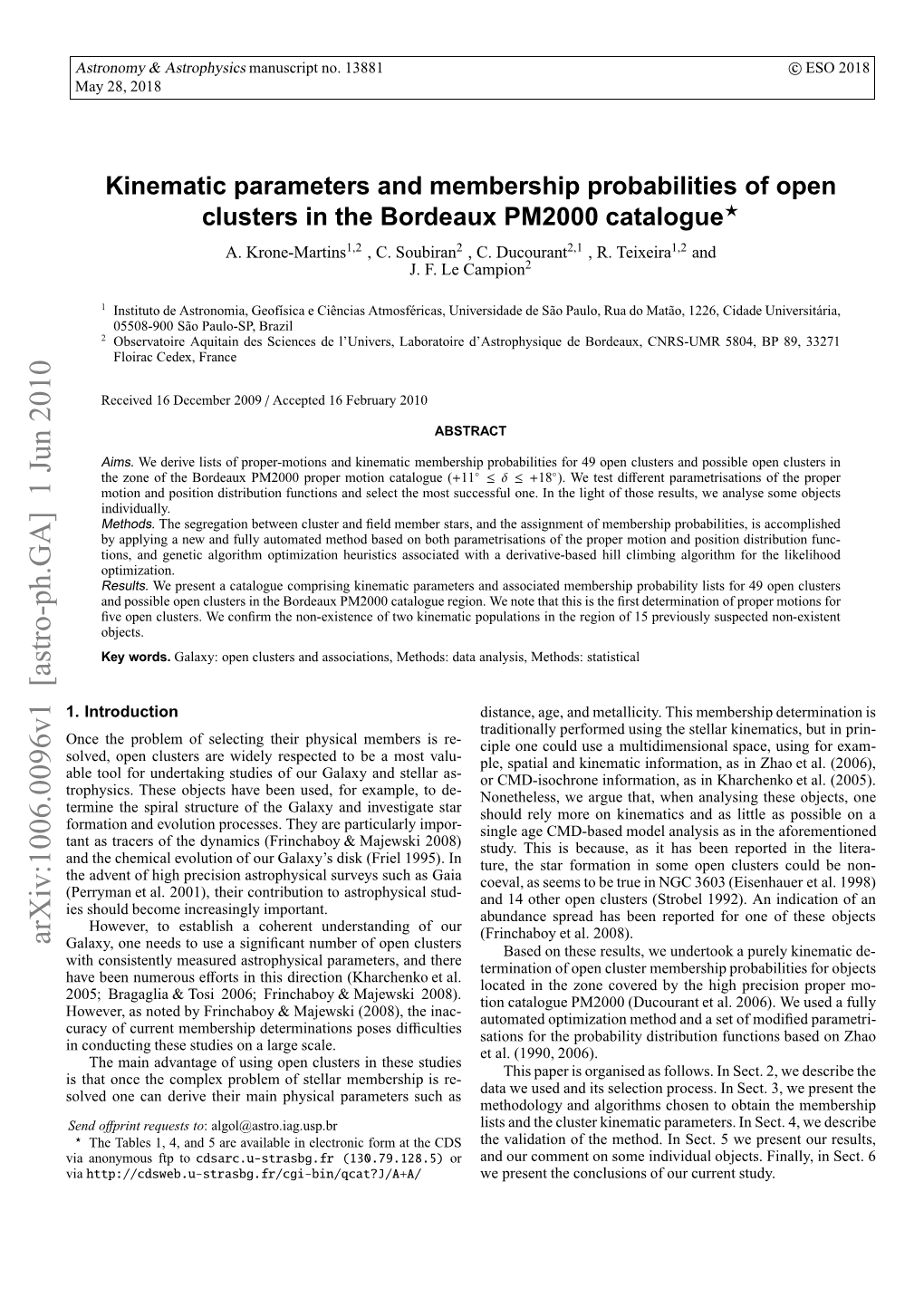 Kinematic Parameters and Membership Probabilities of Open