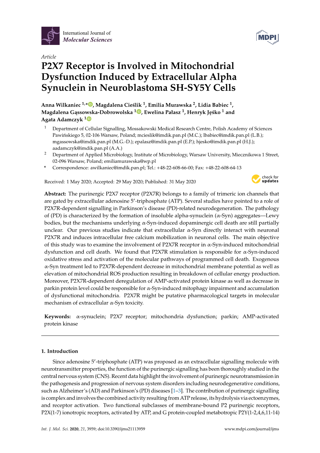 P2X7 Receptor Is Involved in Mitochondrial Dysfunction Induced by Extracellular Alpha Synuclein in Neuroblastoma SH-SY5Y Cells