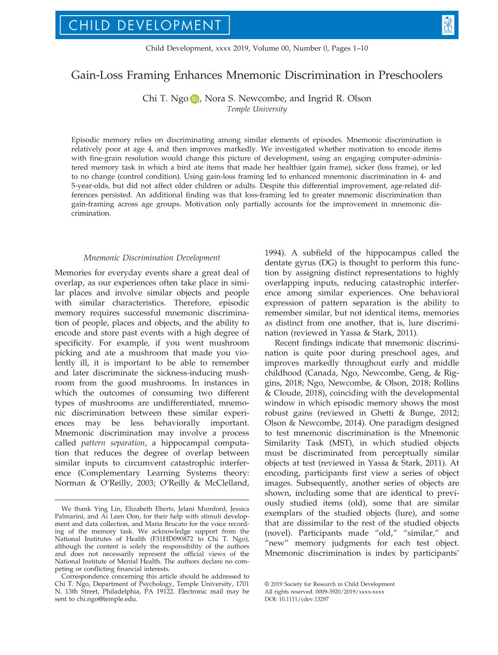 Gain-Loss Framing Enhances Mnemonic Discrimination in Preschoolers