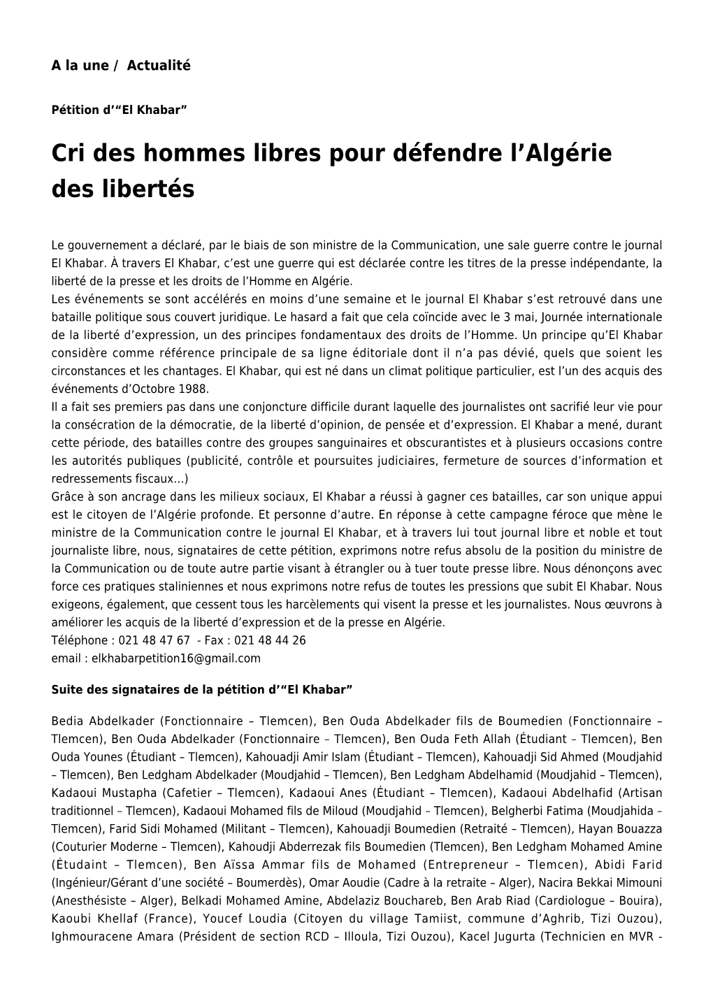 Cri Des Hommes Libres Pour Défendre L'algérie Des Libertés