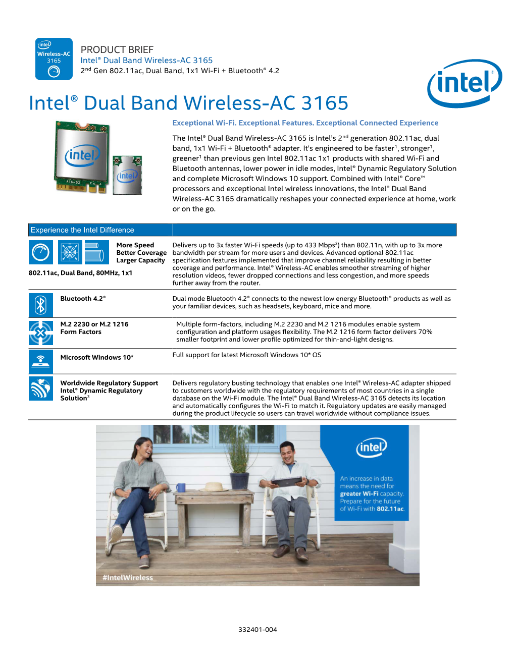 Intel® Dual Band Wireless-AC 3165 2Nd Gen 802.11Ac, Dual Band, 1X1 Wi-Fi + Bluetooth® 4.2