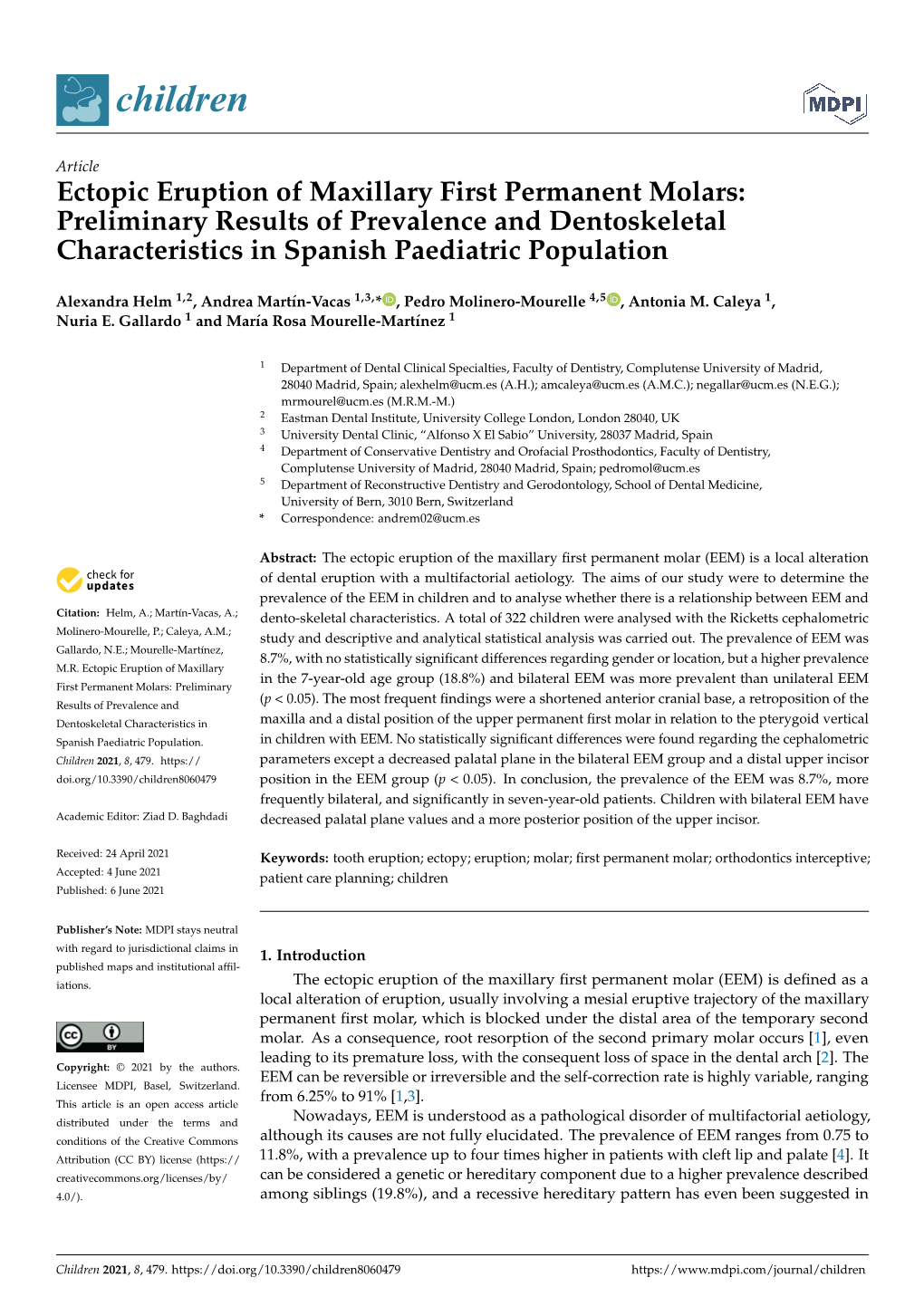 Ectopic Eruption of Maxillary First Permanent Molars: Preliminary Results of Prevalence and Dentoskeletal Characteristics in Spanish Paediatric Population