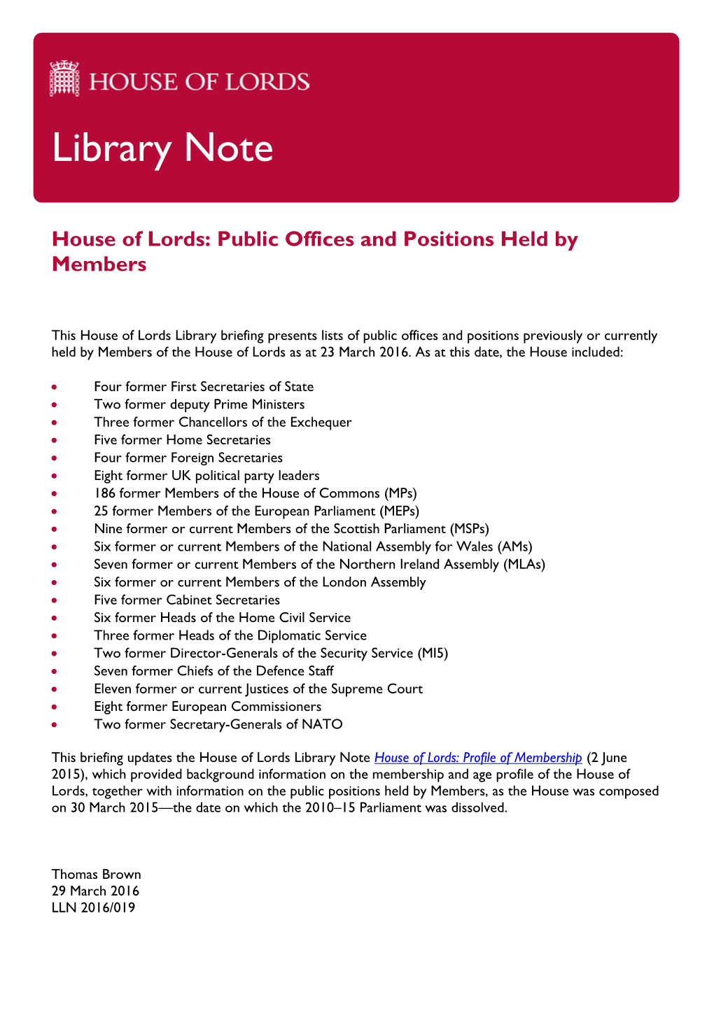 House of Lords: Public Offices and Positions Held by Members