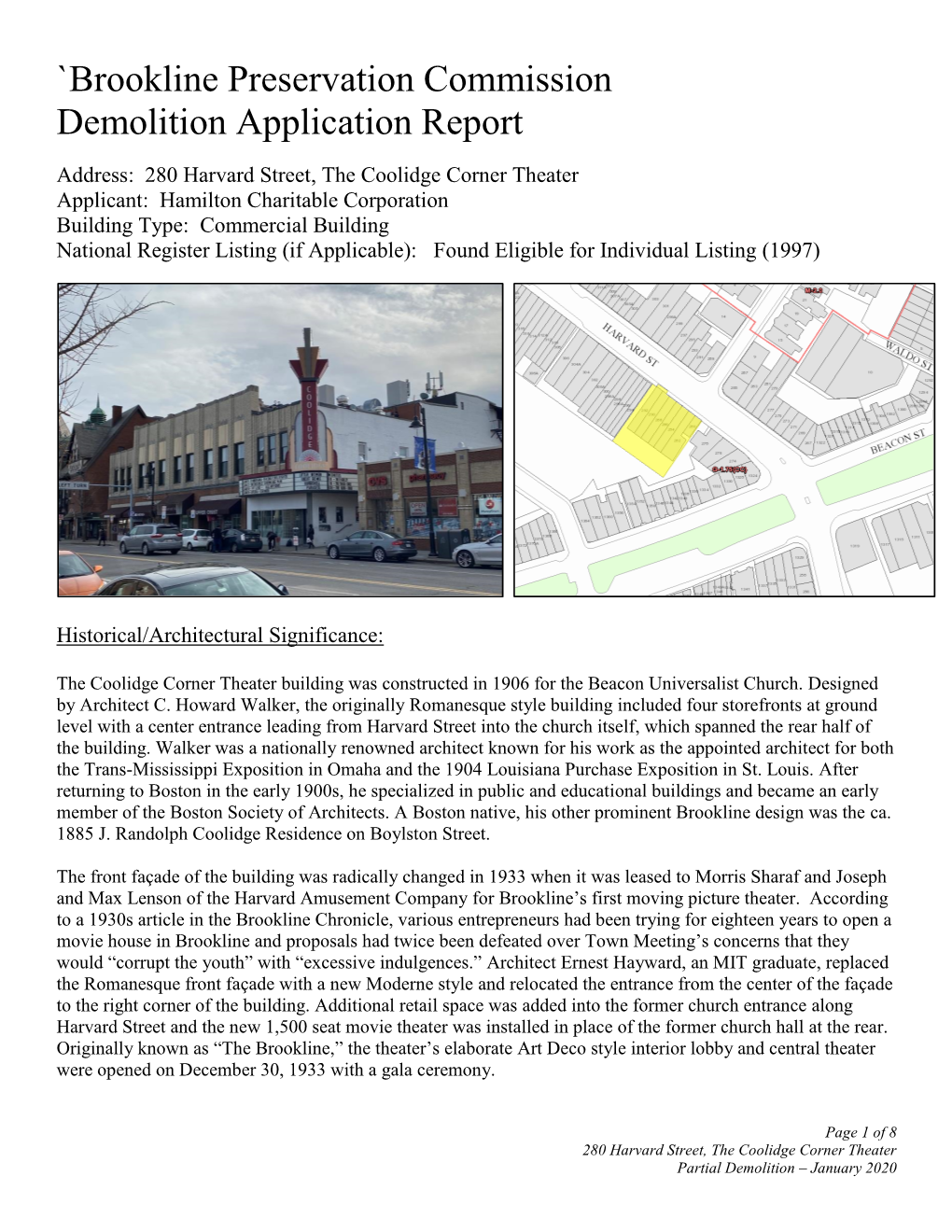 `Brookline Preservation Commission Demolition Application Report