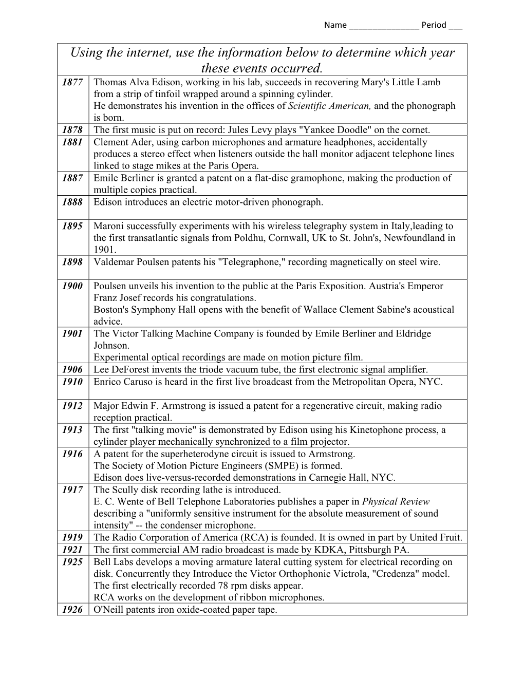 Using the Internet, Use the Information Below to Determine Which Year These Events Occurred