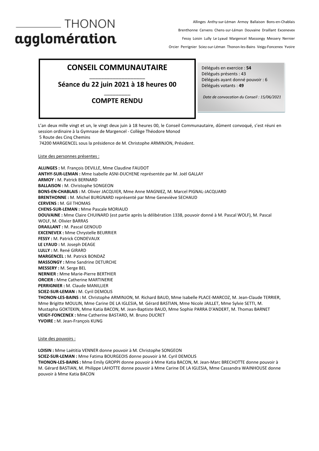 22 Juin 2021 À 18 Heures 00 Délégués Votants : 49 ______Date De Convocation Du Conseil : 15/06/2021 COMPTE RENDU