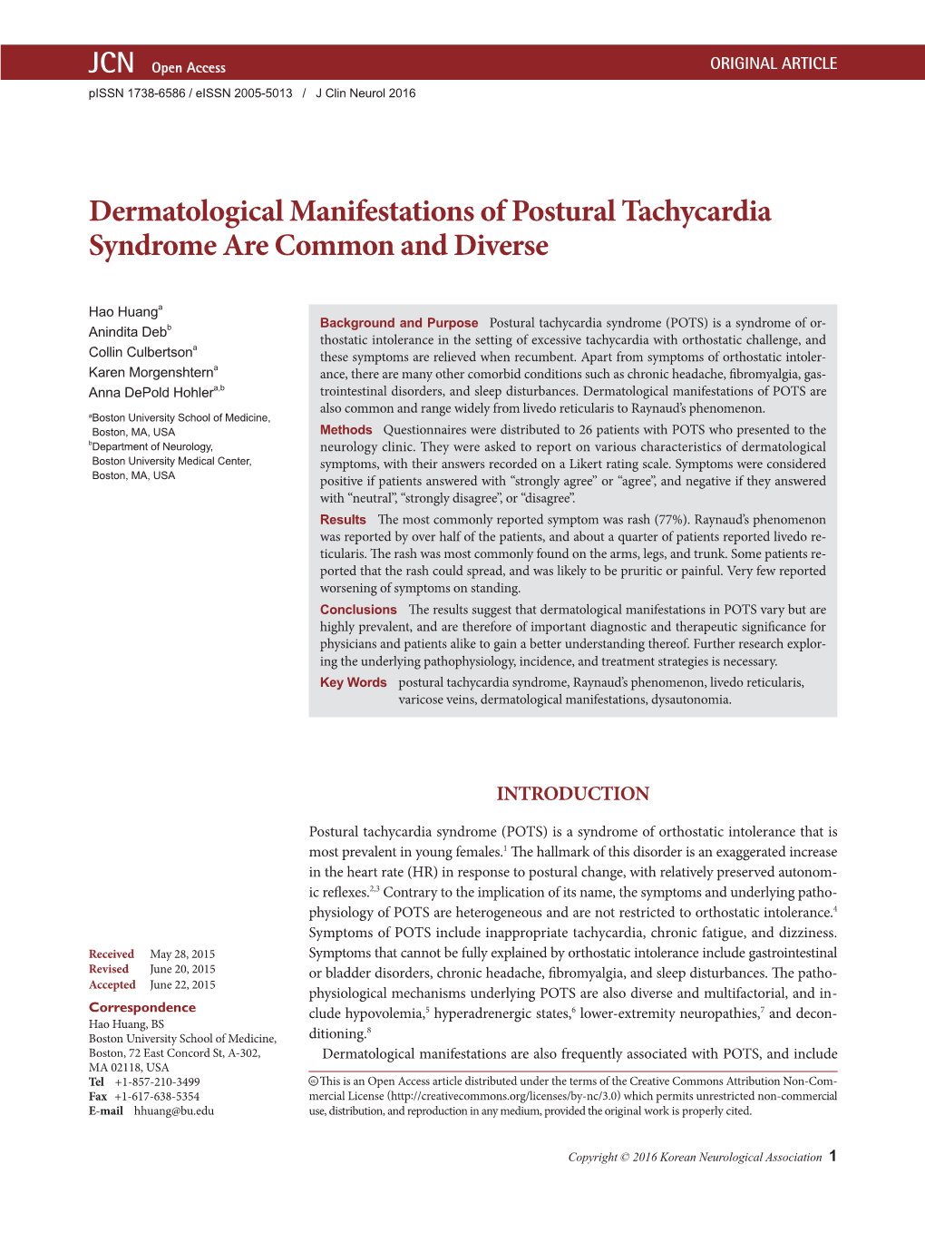 Dermatological Manifestations of Postural Tachycardia Syndrome Are Common and Diverse