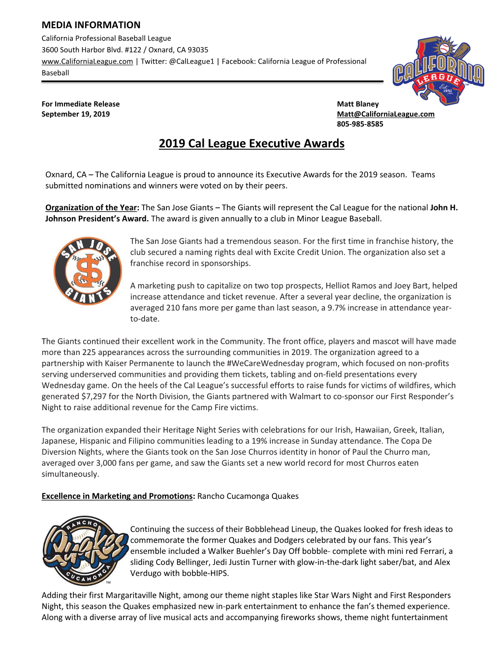 2019 Cal League Executive Awards