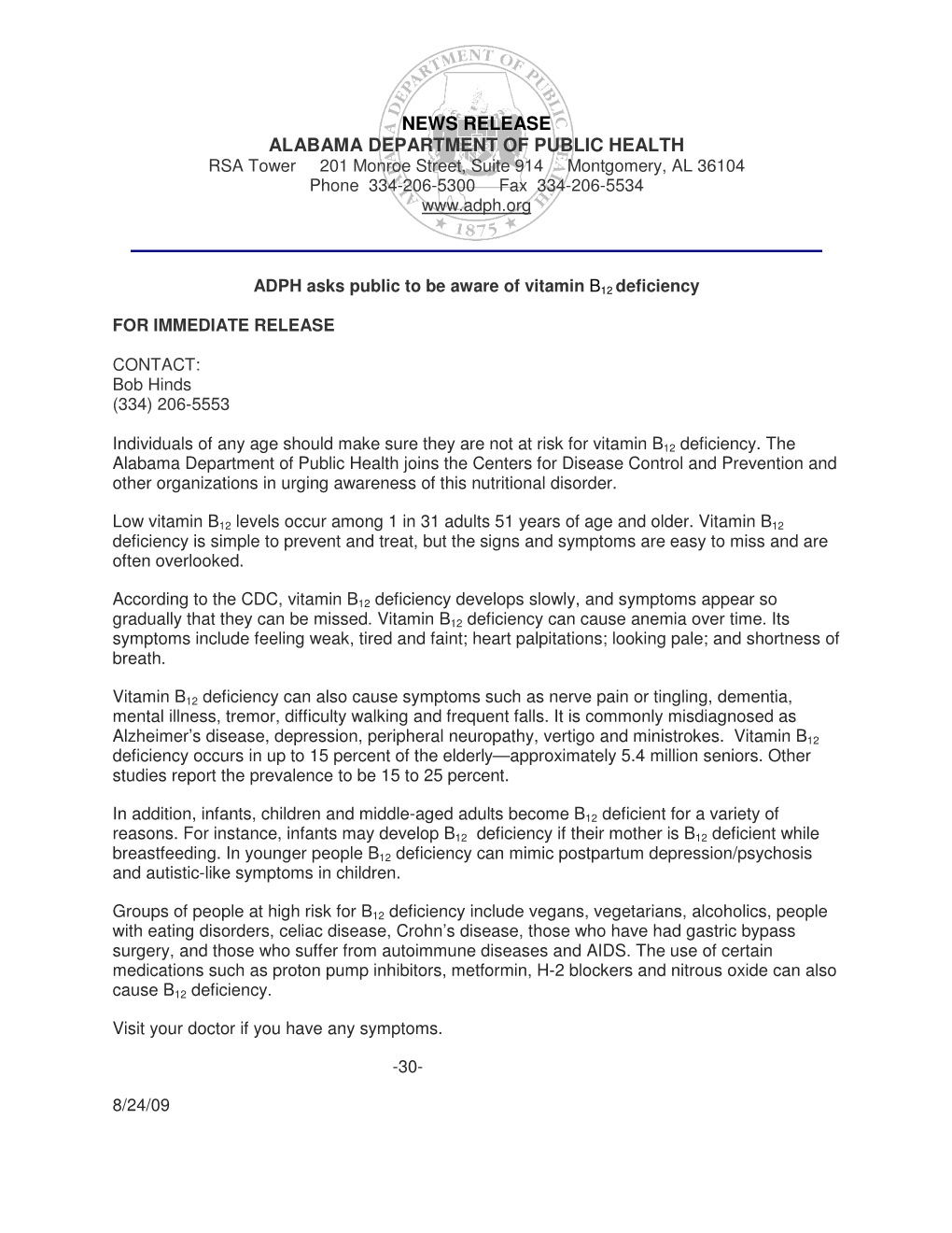 NEWS RELEASE ALABAMA DEPARTMENT of PUBLIC HEALTH RSA Tower 201 Monroe Street, Suite 914 Montgomery, AL 36104 Phone 334-206-5300 Fax 334-206-5534