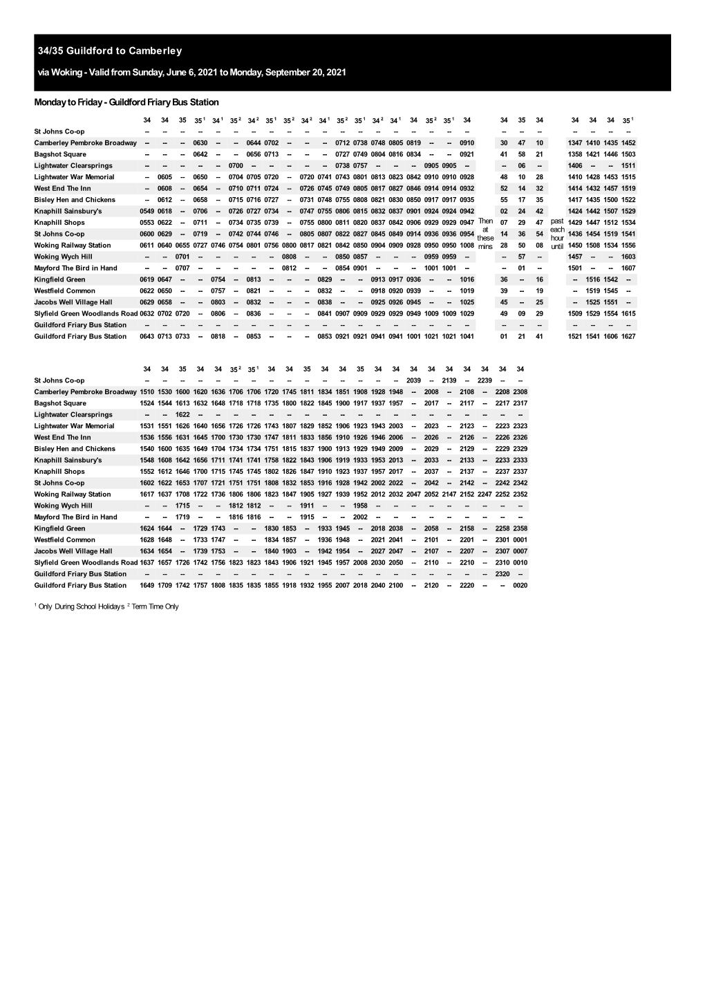 34/35 Guildford to Camberley Via Woking - Valid from Sunday, June 6, 2021 to Monday, September 20, 2021
