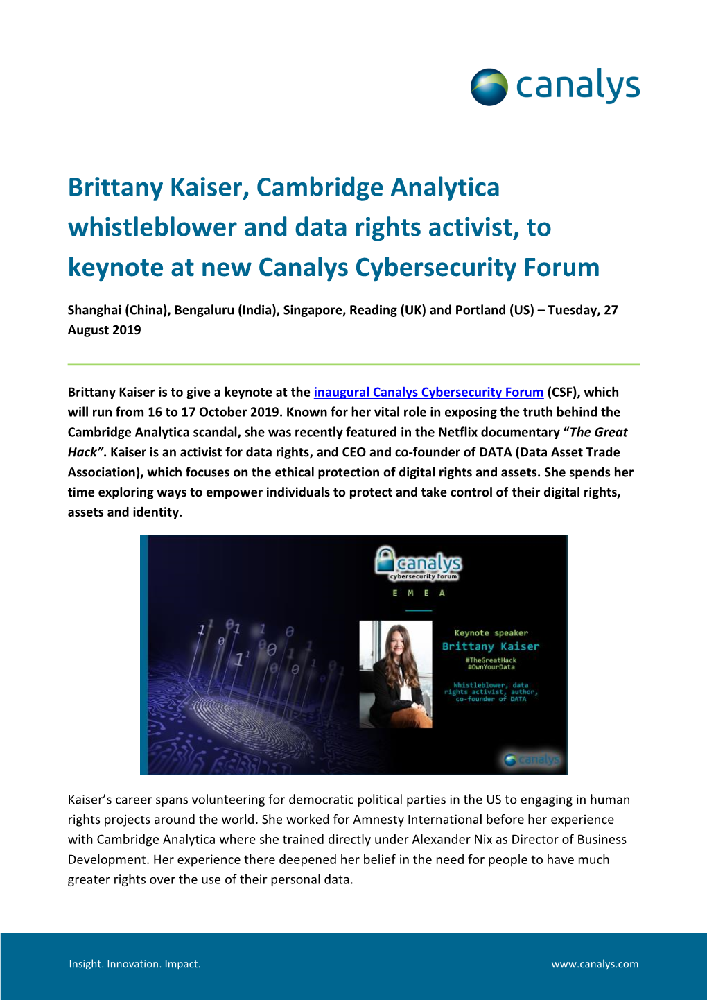 Brittany Kaiser, Cambridge Analytica Whistleblower and Data Rights Activist, to Keynote at New Canalys Cybersecurity Forum