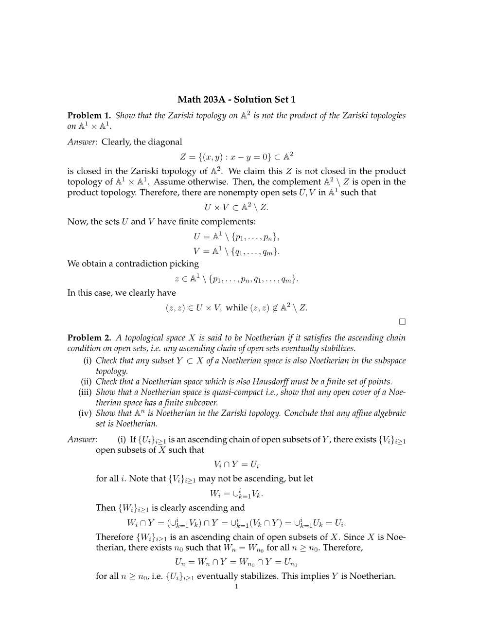 Math 203A - Solution Set 1 2 Problem 1