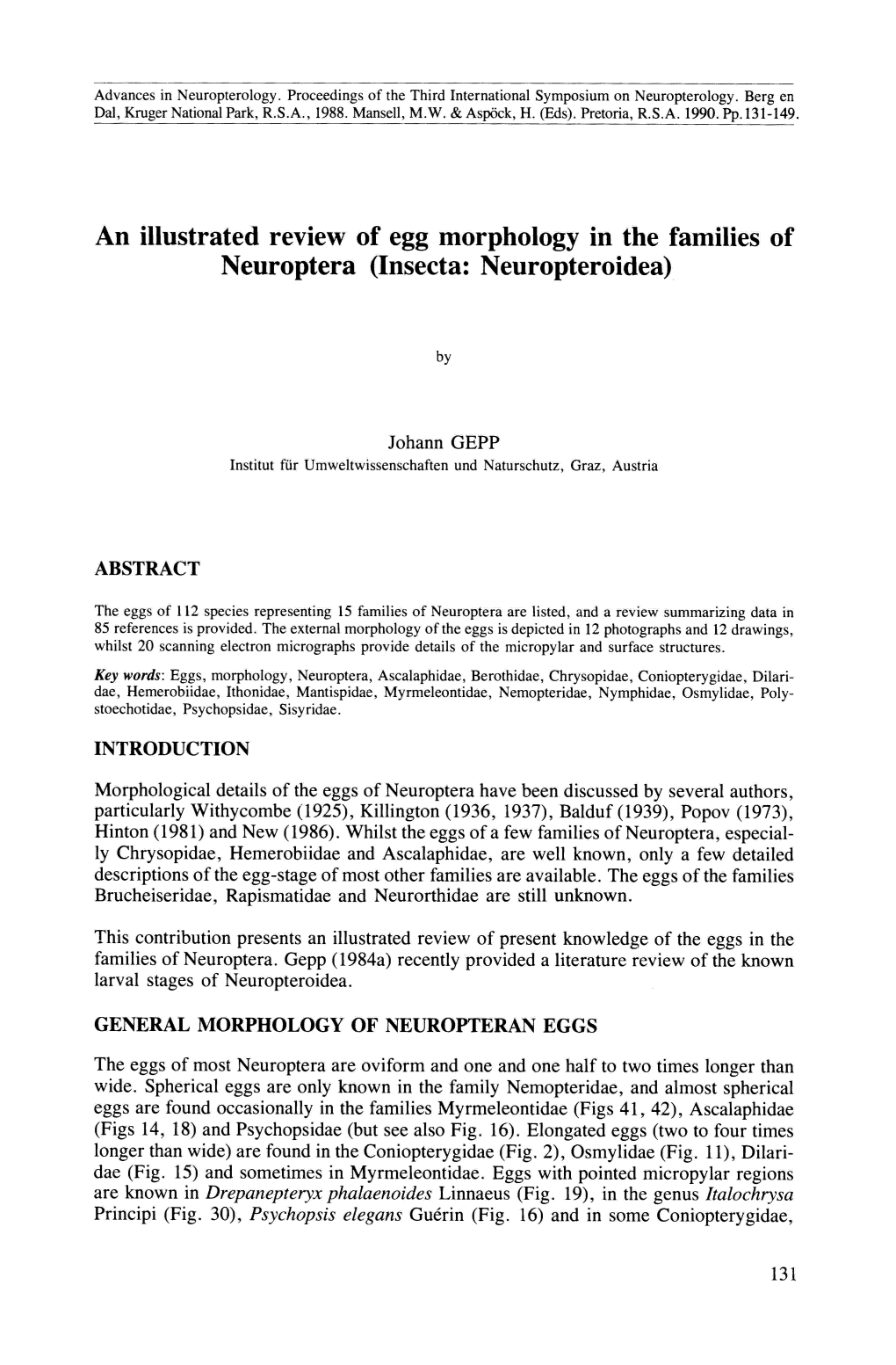 An Illustrated Review of Egg Morphology in the Families of Neuroptera (Insecta: Neuropteroidea)