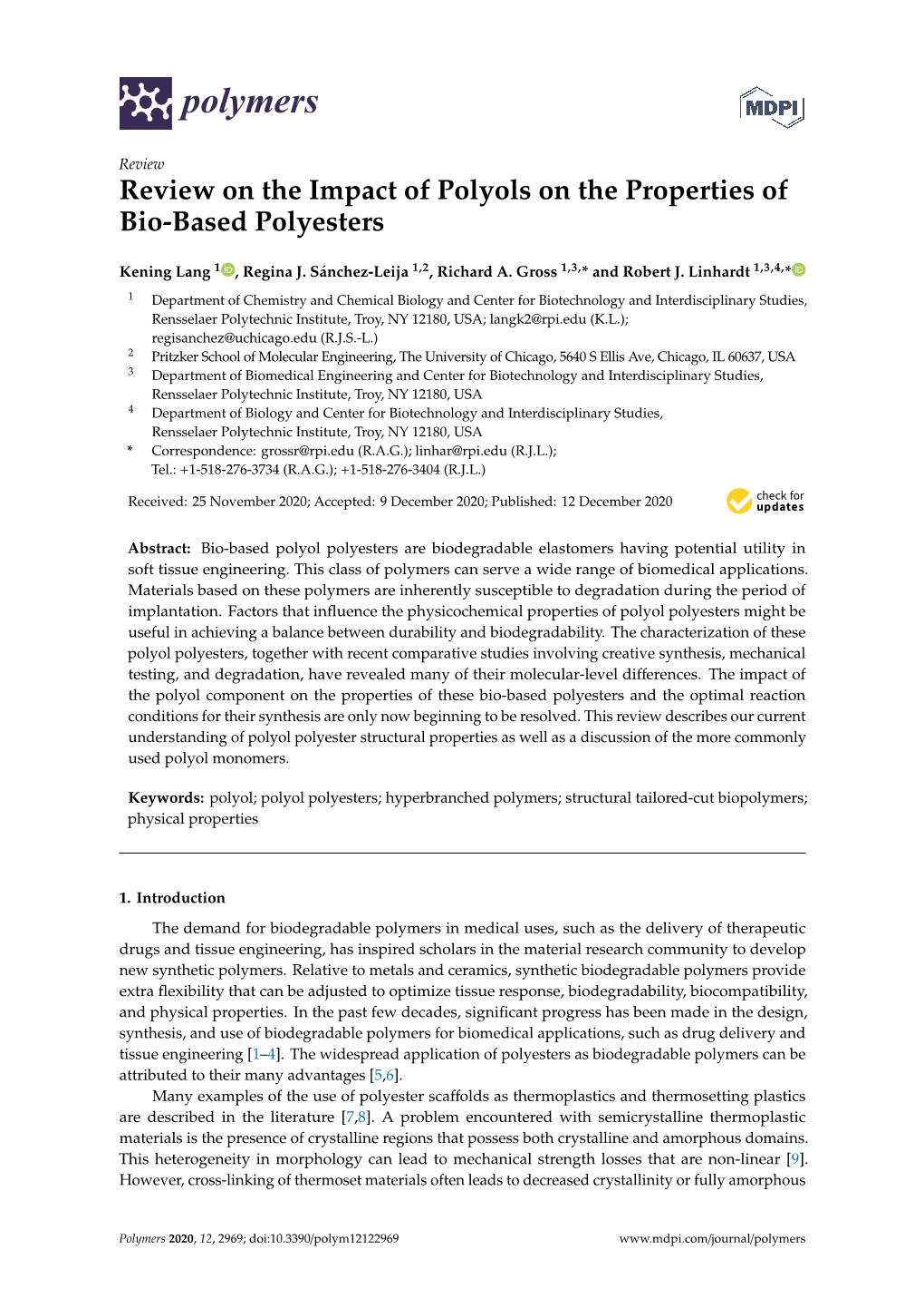 Review on the Impact of Polyols on the Properties of Bio-Based Polyesters