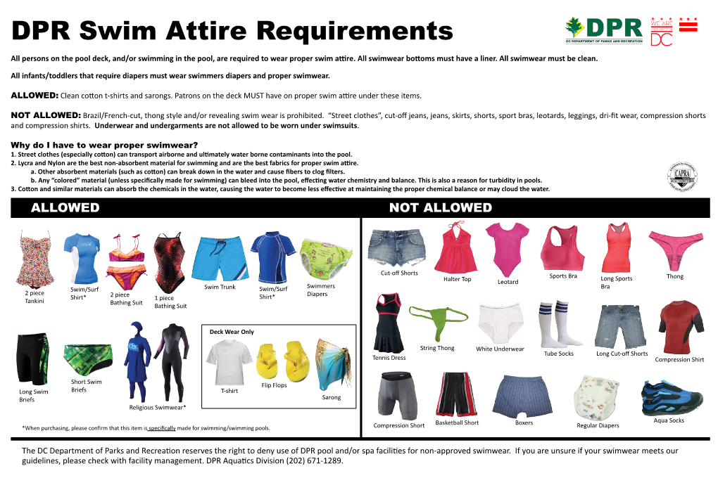 DPR Swim Attire Requirements All Persons on the Pool Deck, And/Or Swimming in the Pool, Are Required to Wear Proper Swim Attire