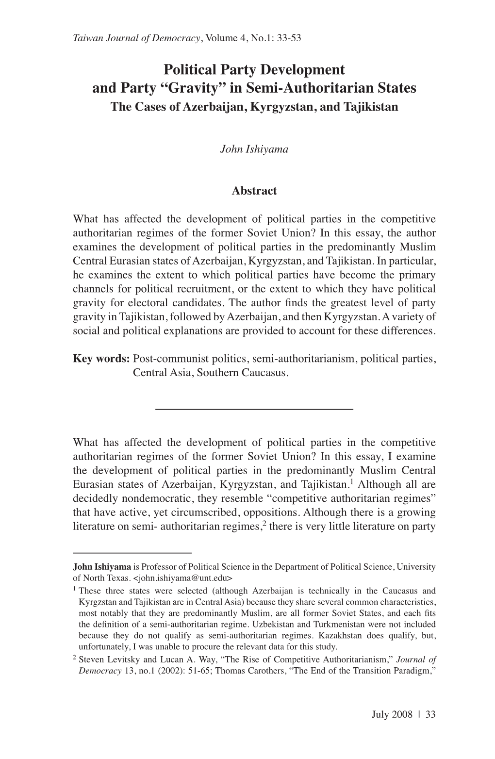 Political Party Development and Party “Gravity” in Semi-Authoritarian States the Cases of Azerbaijan, Kyrgyzstan, and Tajikistan