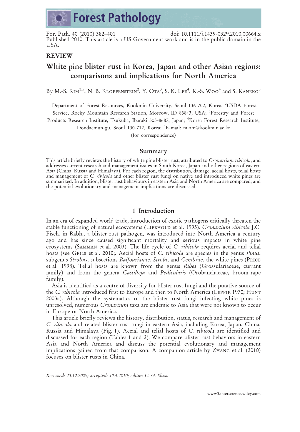 White Pine Blister Rust in Korea, Japan and Other Asian Regions: Comparisons and Implications for North America