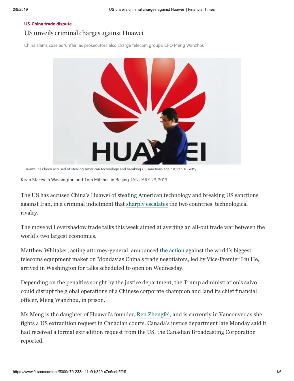US Unveils Criminal Charges Against Huawei | Financial Times