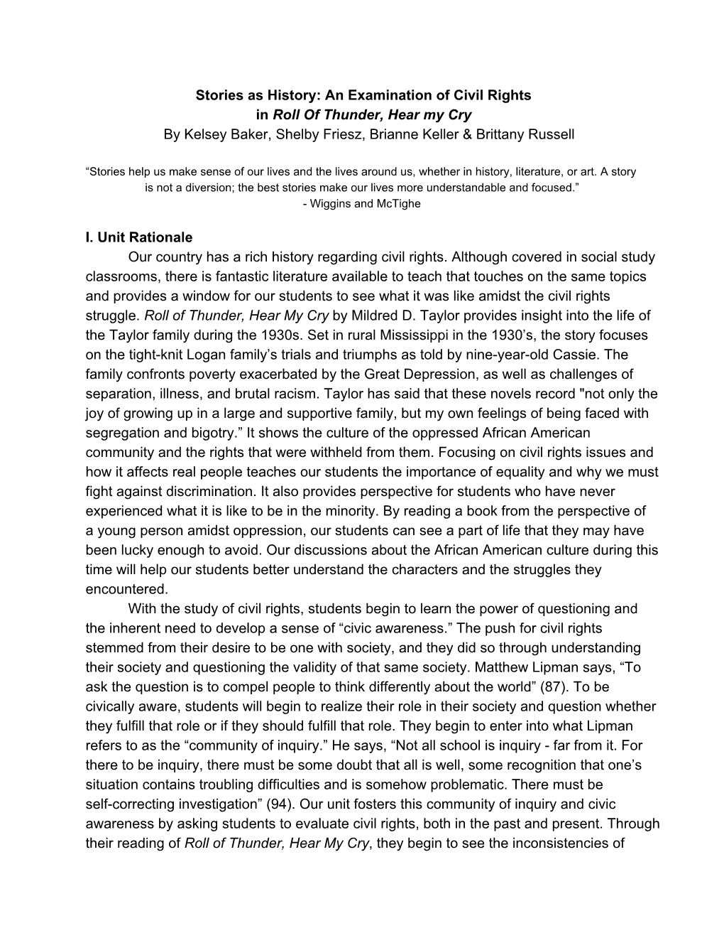 An Examination of Civil Rights in Roll of Thunder, Hear My Cry by Kelsey Baker, Shelby Friesz, Brianne Keller & Brittany Russell