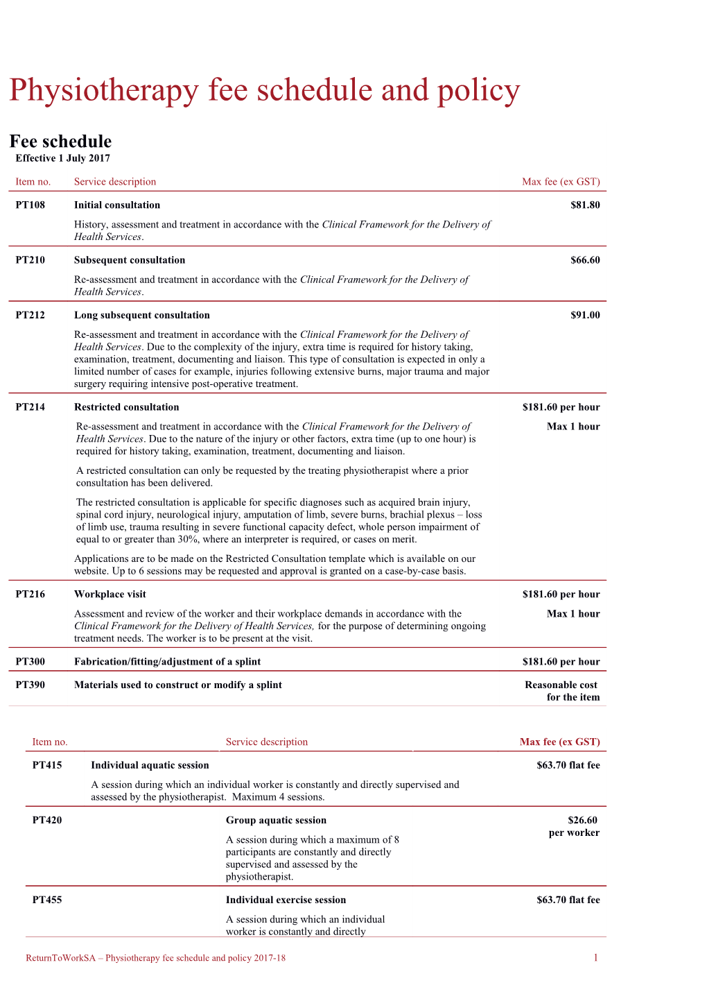 Physiotherapy Fee Schedule And Policy