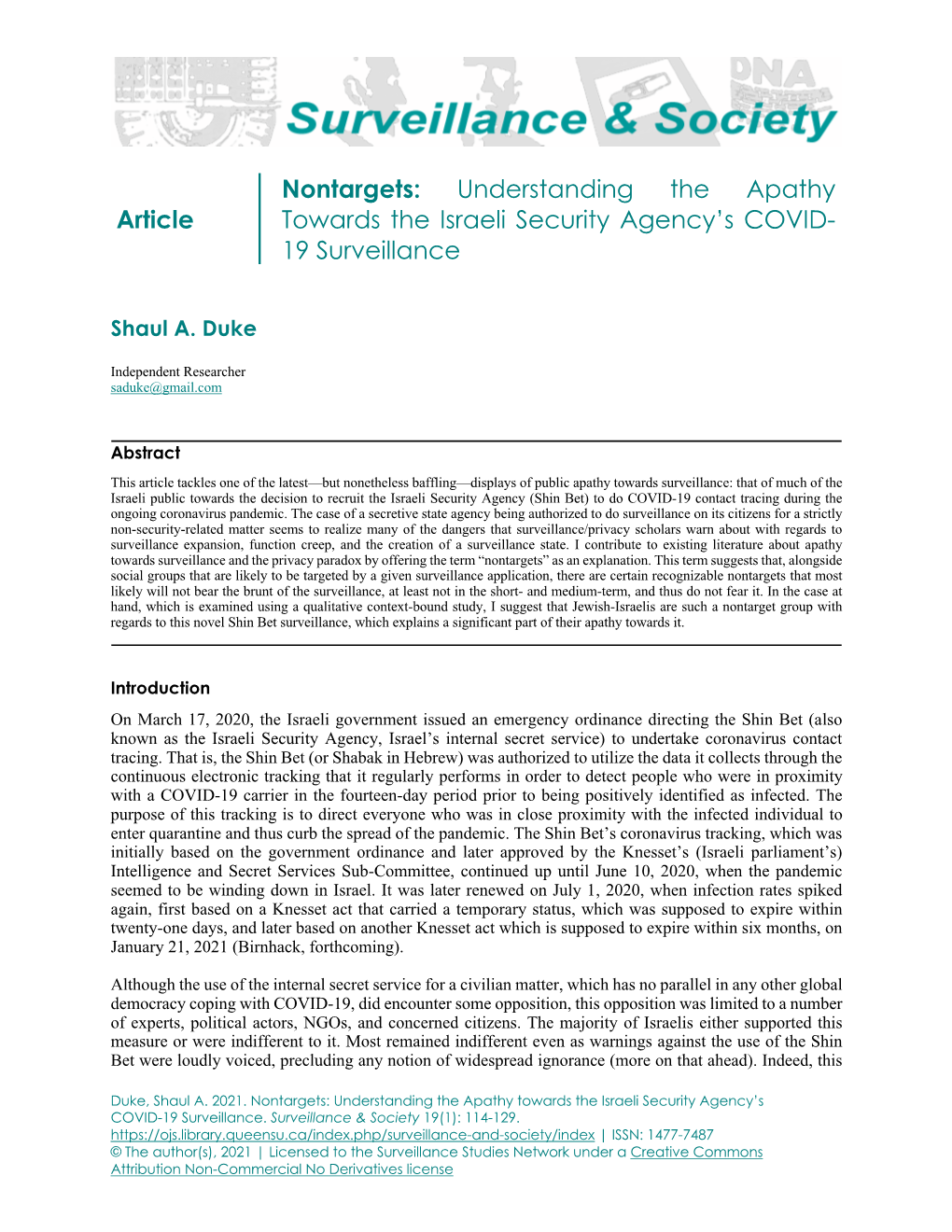 Article Nontargets: Understanding the Apathy Towards the Israeli Security