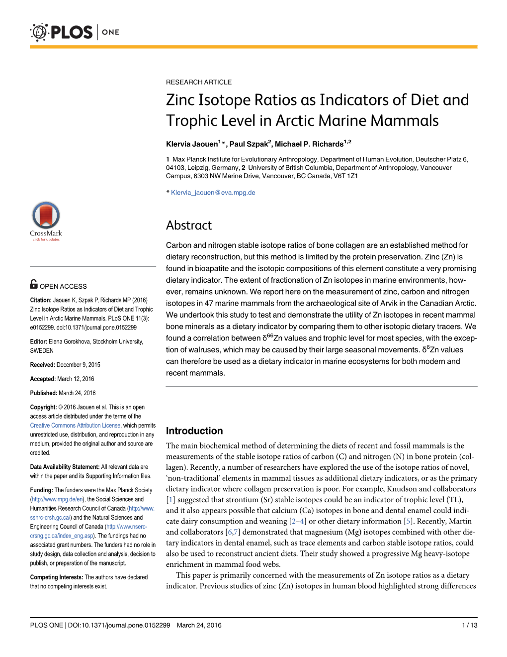 Zinc Isotope Ratios As Indicators of Diet and Trophic Level in Arctic Marine Mammals