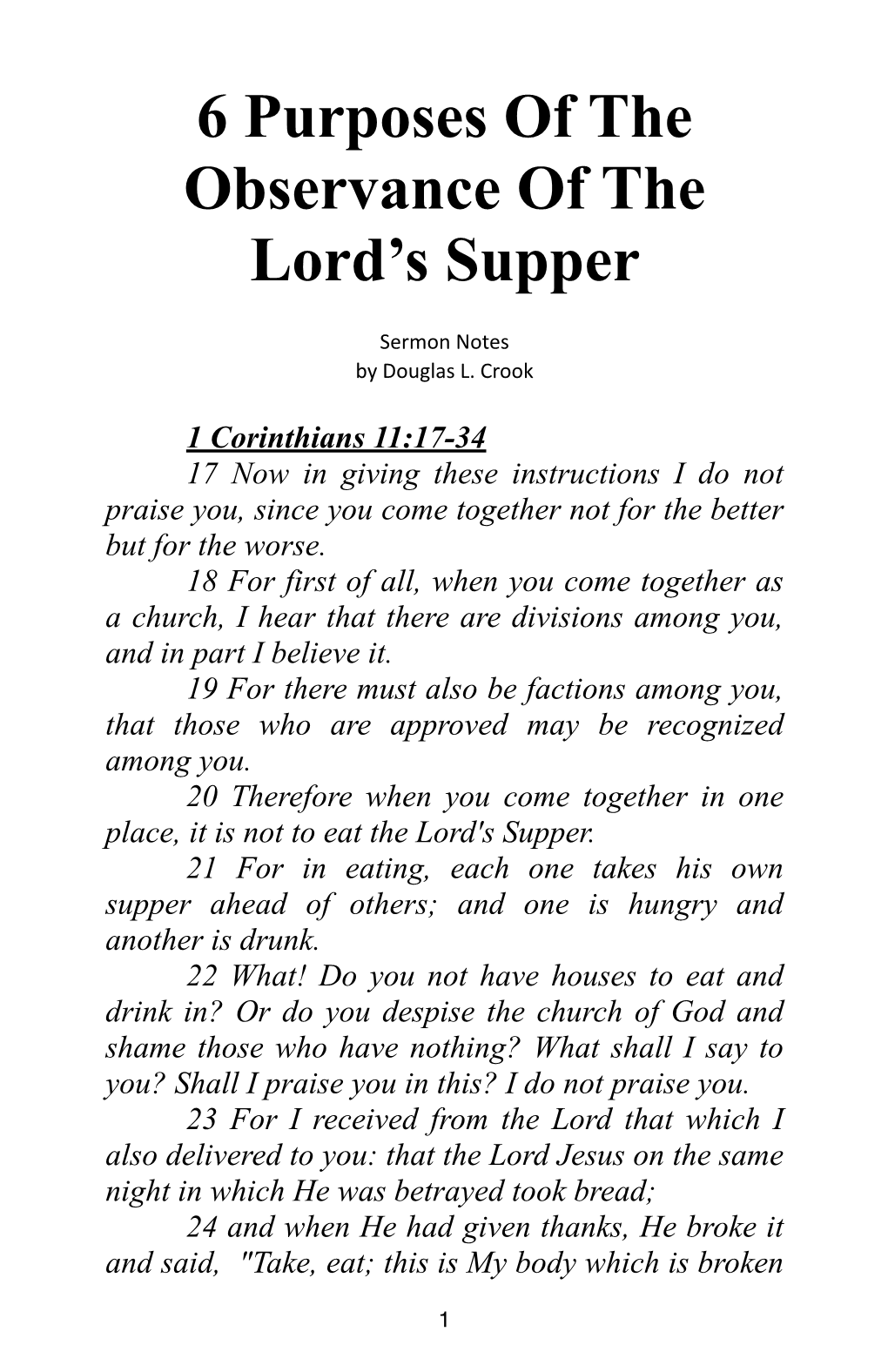 6 Purposes of the Observance of the Lord's Supper