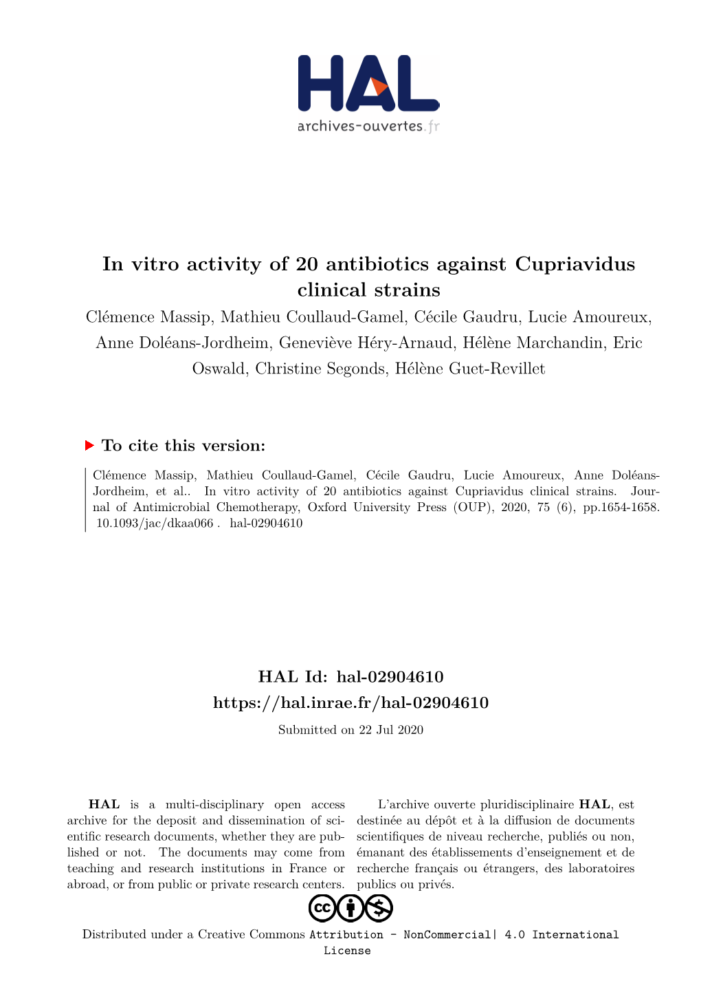 In Vitro Activity of 20 Antibiotics Against Cupriavidus Clinical