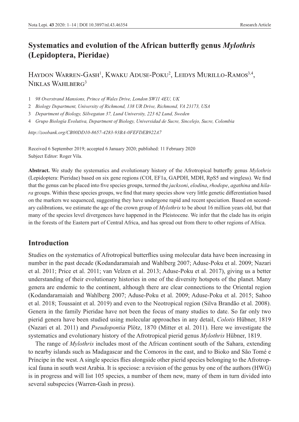 Haydon Warren-Gash Et Al.: Mylothris Phylogeny