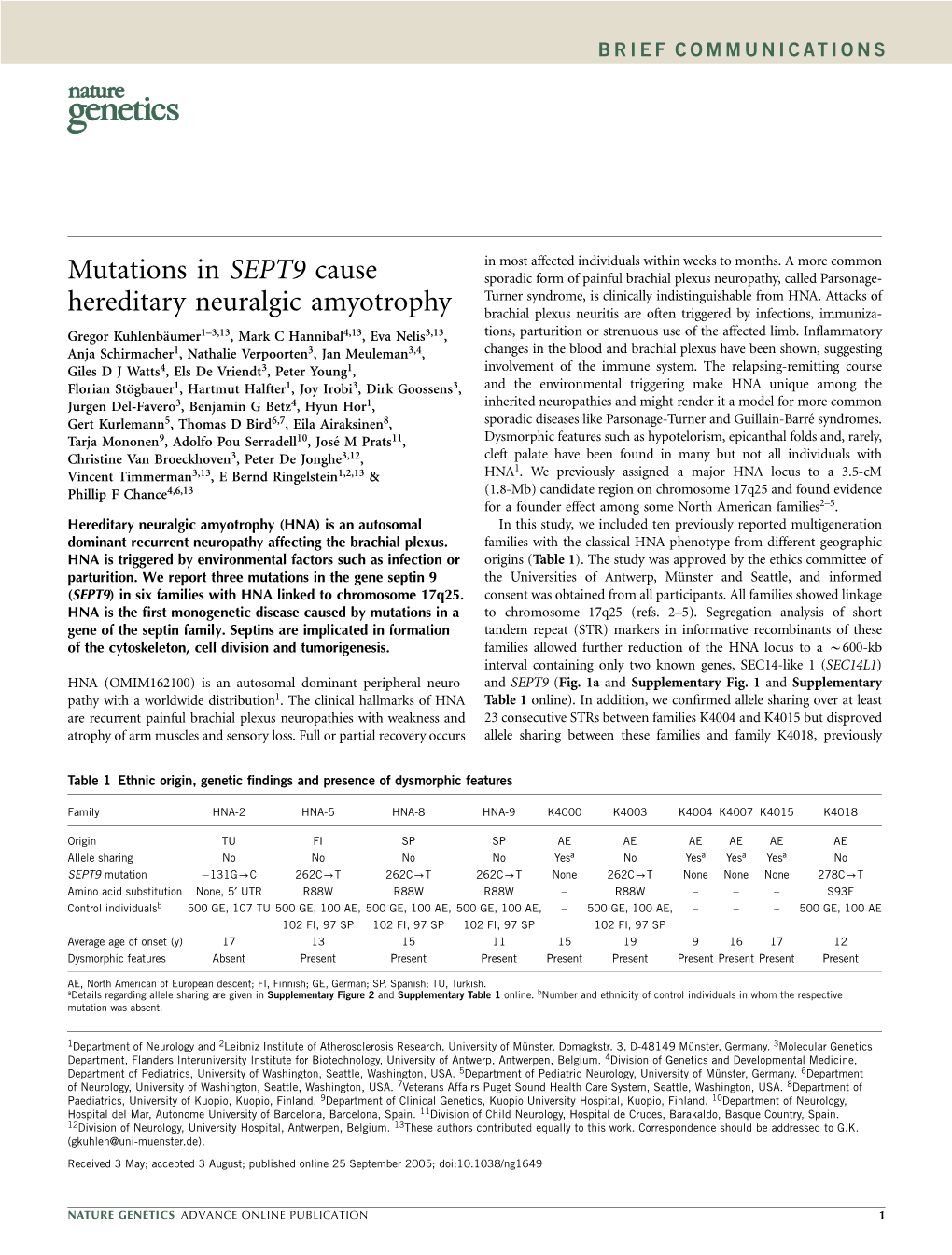 Mutations in SEPT9 Cause Hereditary Neuralgic Amyotrophy