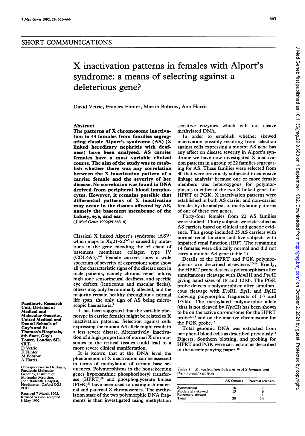 X Inactivation Patterns in Females with Alport's Syndrome: a Means of Selecting Against a Deleterious Gene?