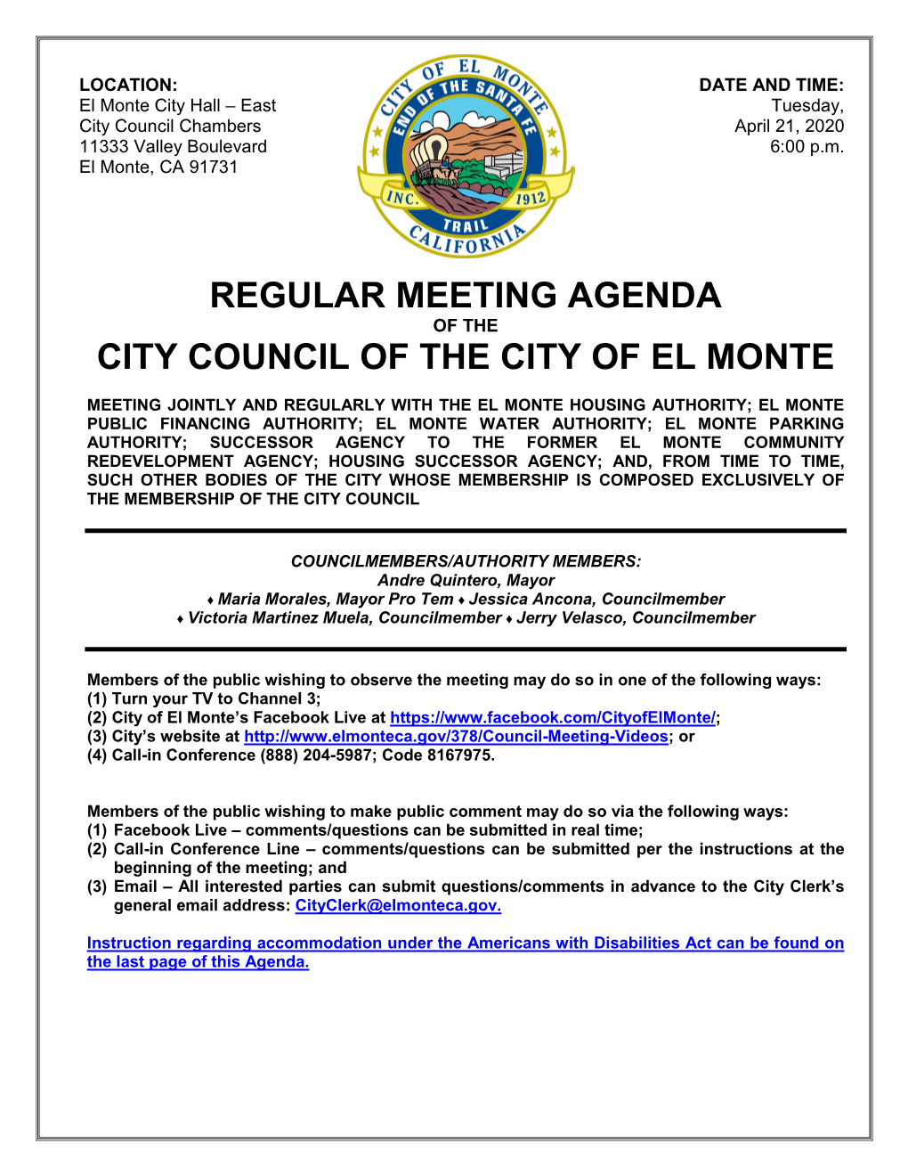 Regular Meeting Agenda City Council of the City of El