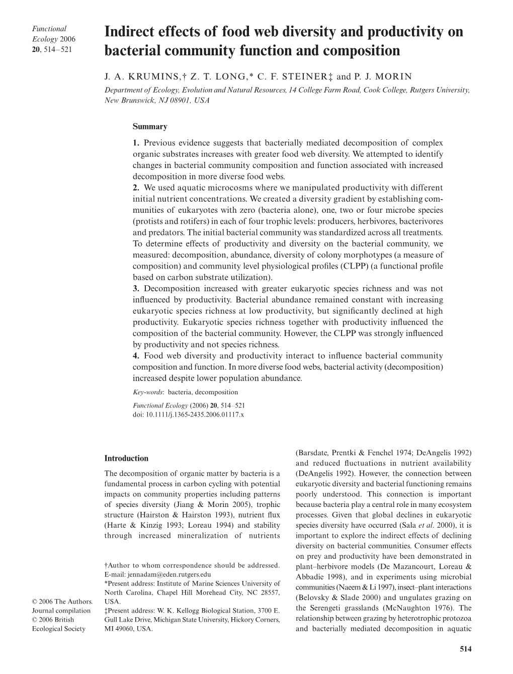 Indirect Effects of Food Web Diversity and Productivity on Bacterial