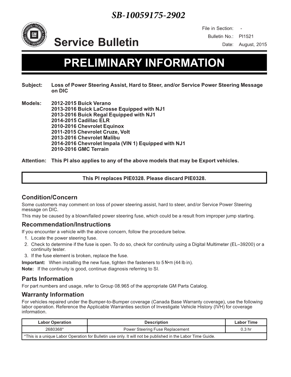 Service Bulletin PRELIMINARY INFORMATION