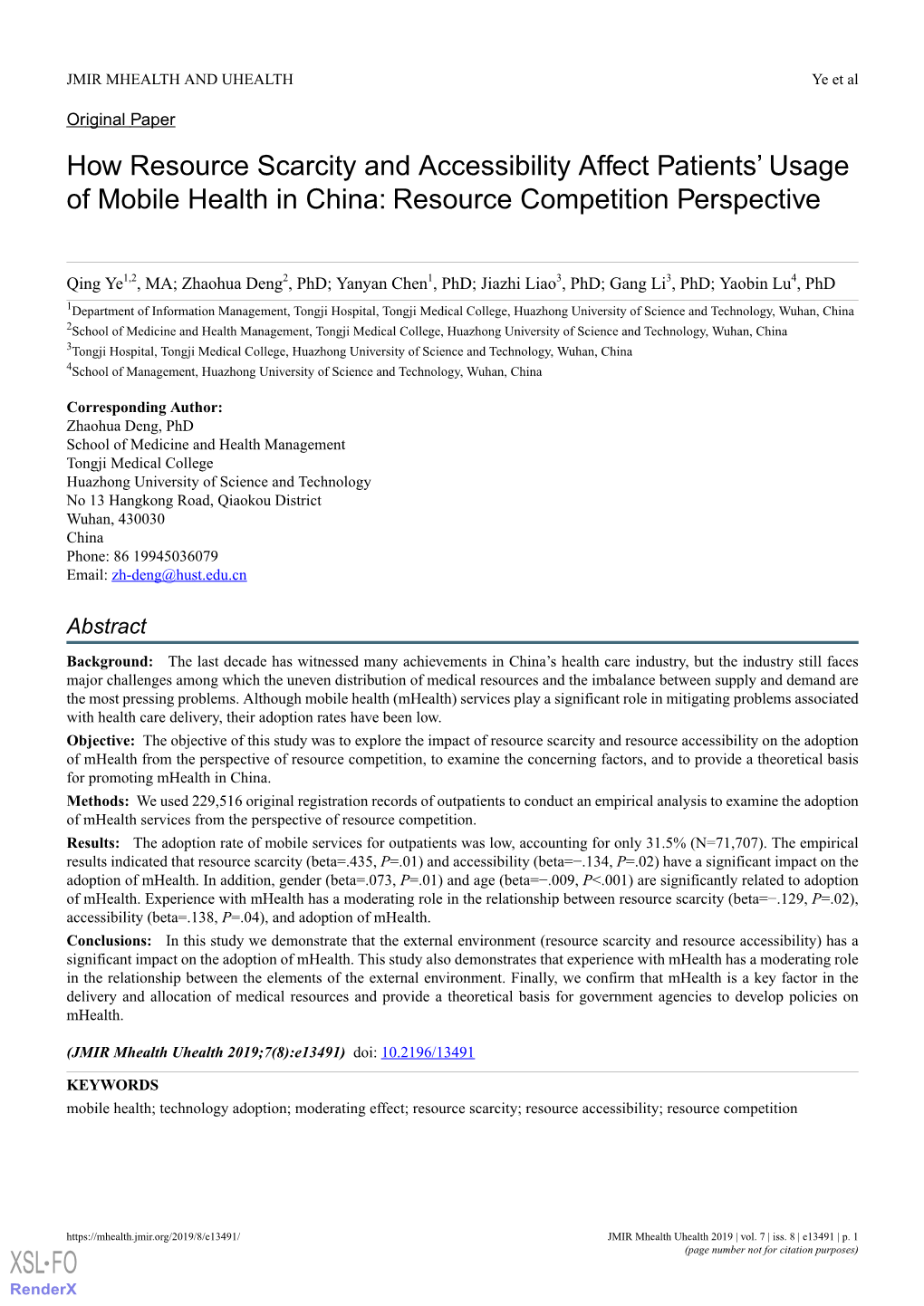 How Resource Scarcity and Accessibility Affect Patients' Usage of Mobile Health in China: Resource Competition Perspective