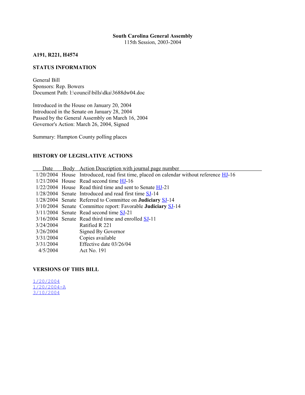 2003-2004 Bill 4574: Hampton County Polling Places - South Carolina Legislature Online