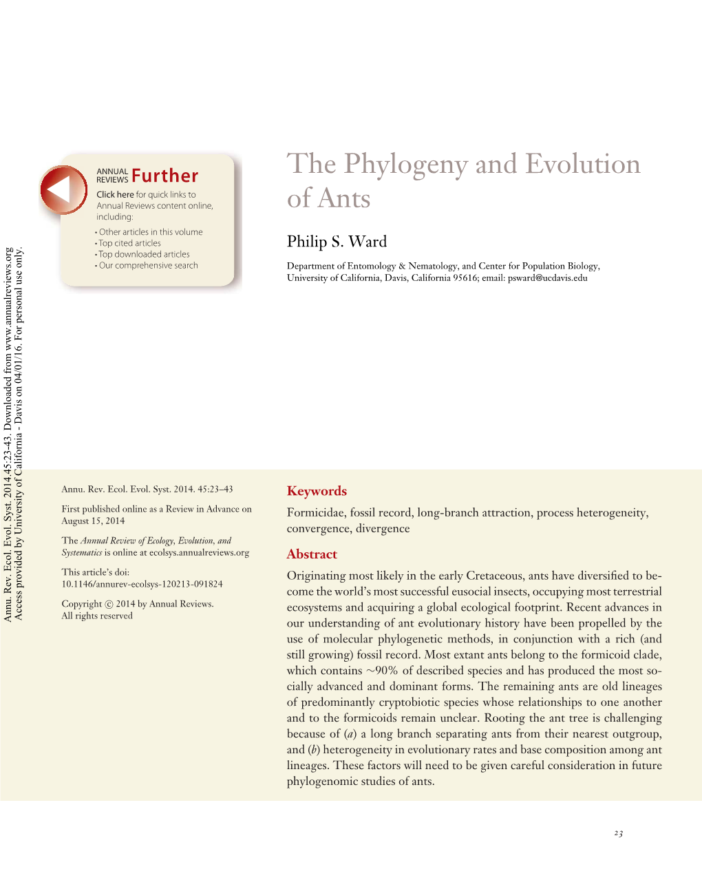 The Phylogeny and Evolution of Ants