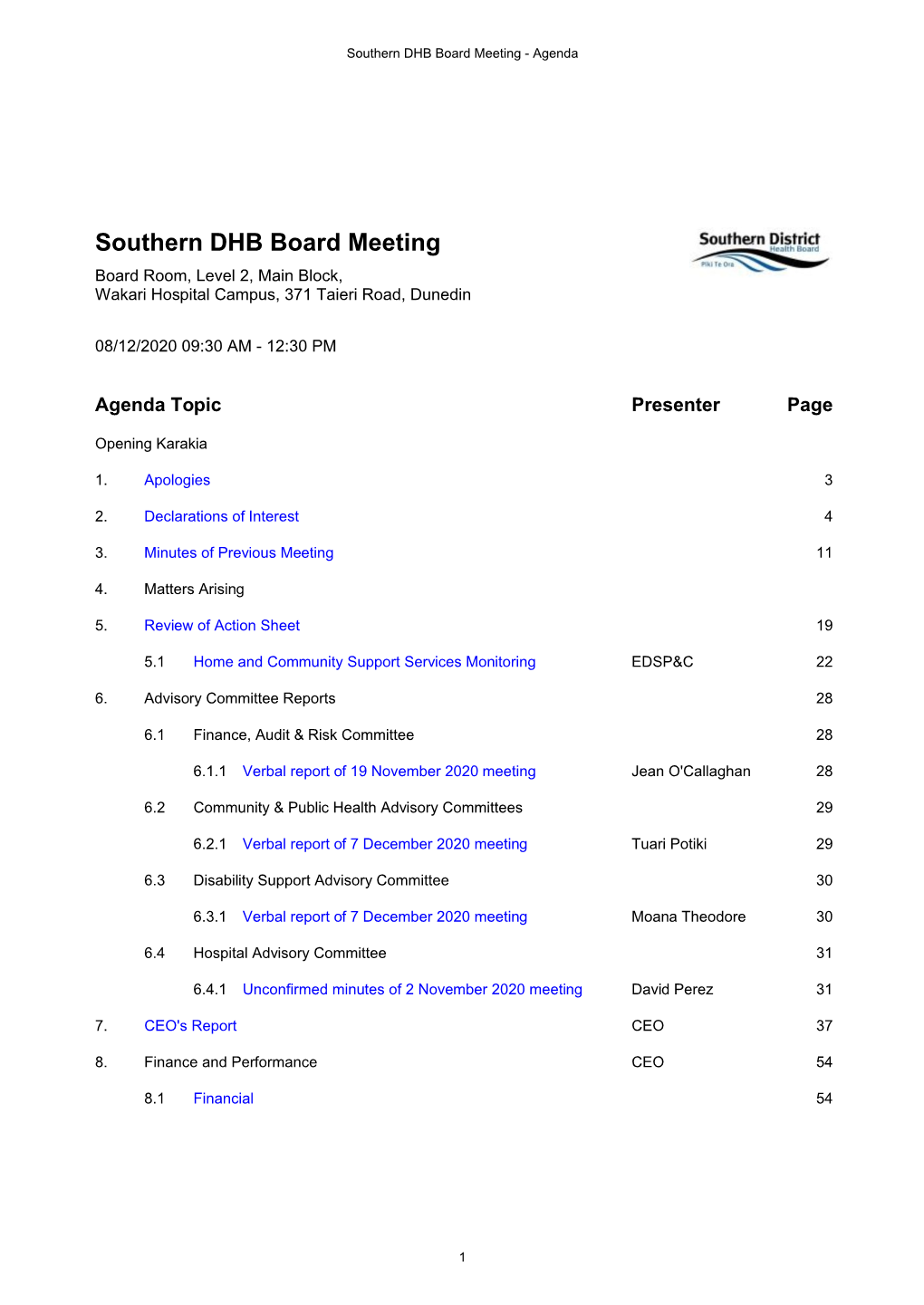 Southern DHB Board Meeting - Agenda