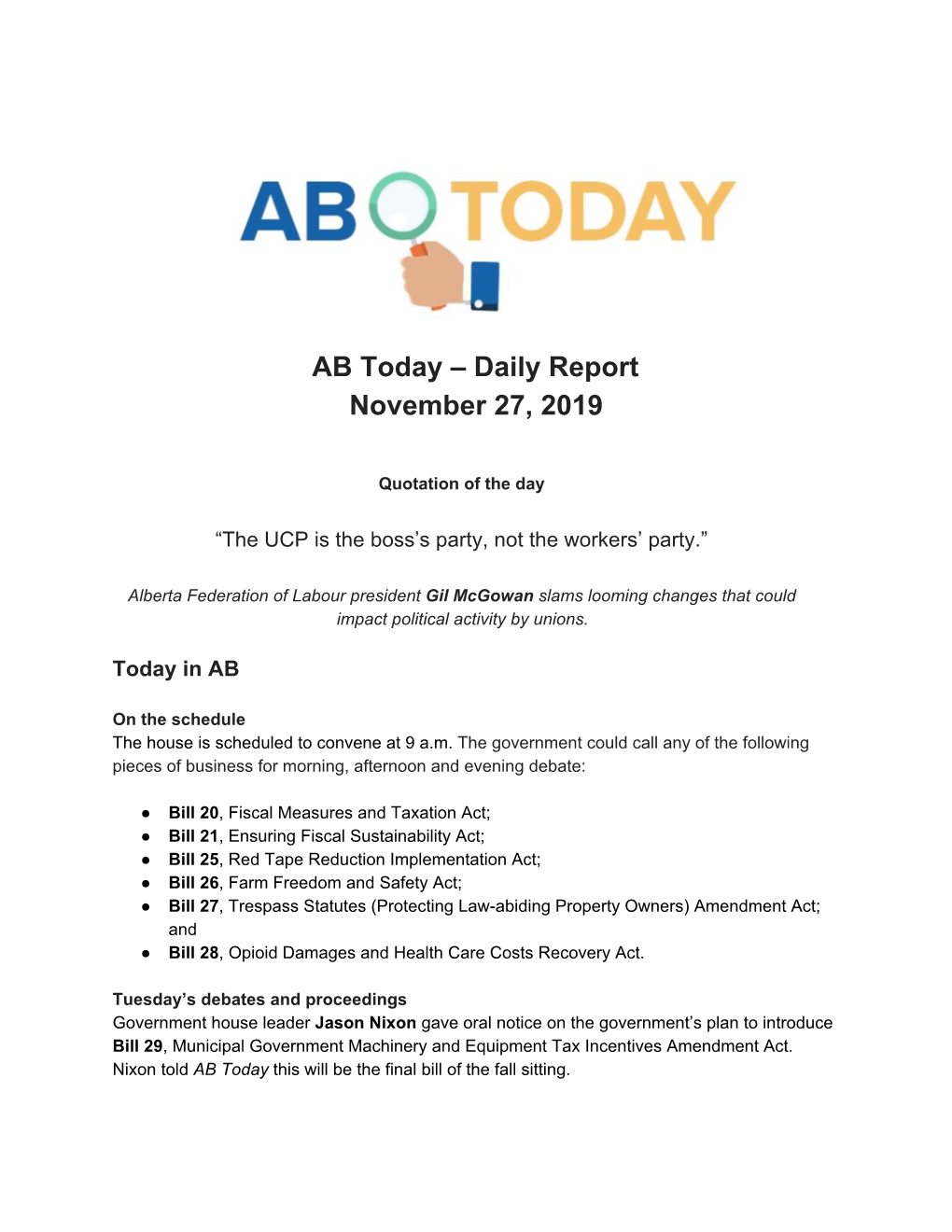 AB Today – Daily Report November 27, 2019