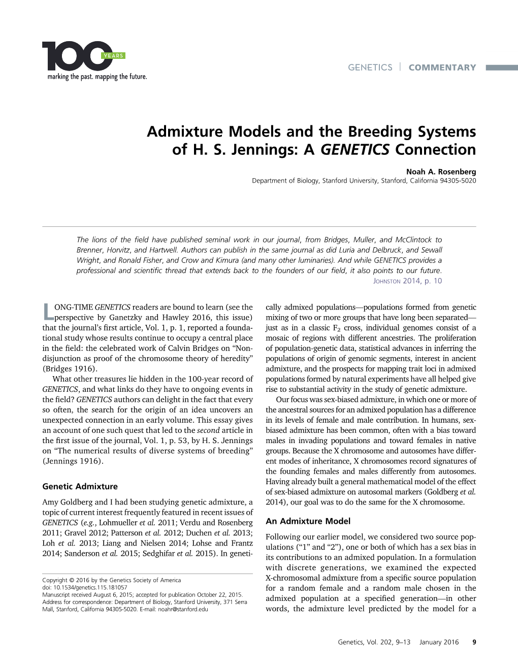 Admixture Models and the Breeding Systems of H. S. Jennings: a GENETICS Connection
