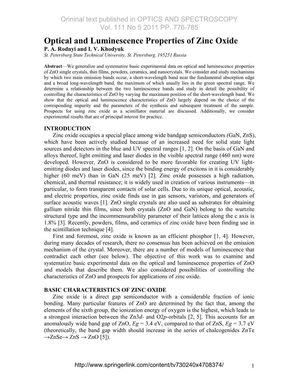 Optical and Luminescence Properties of Zinc Oxide P