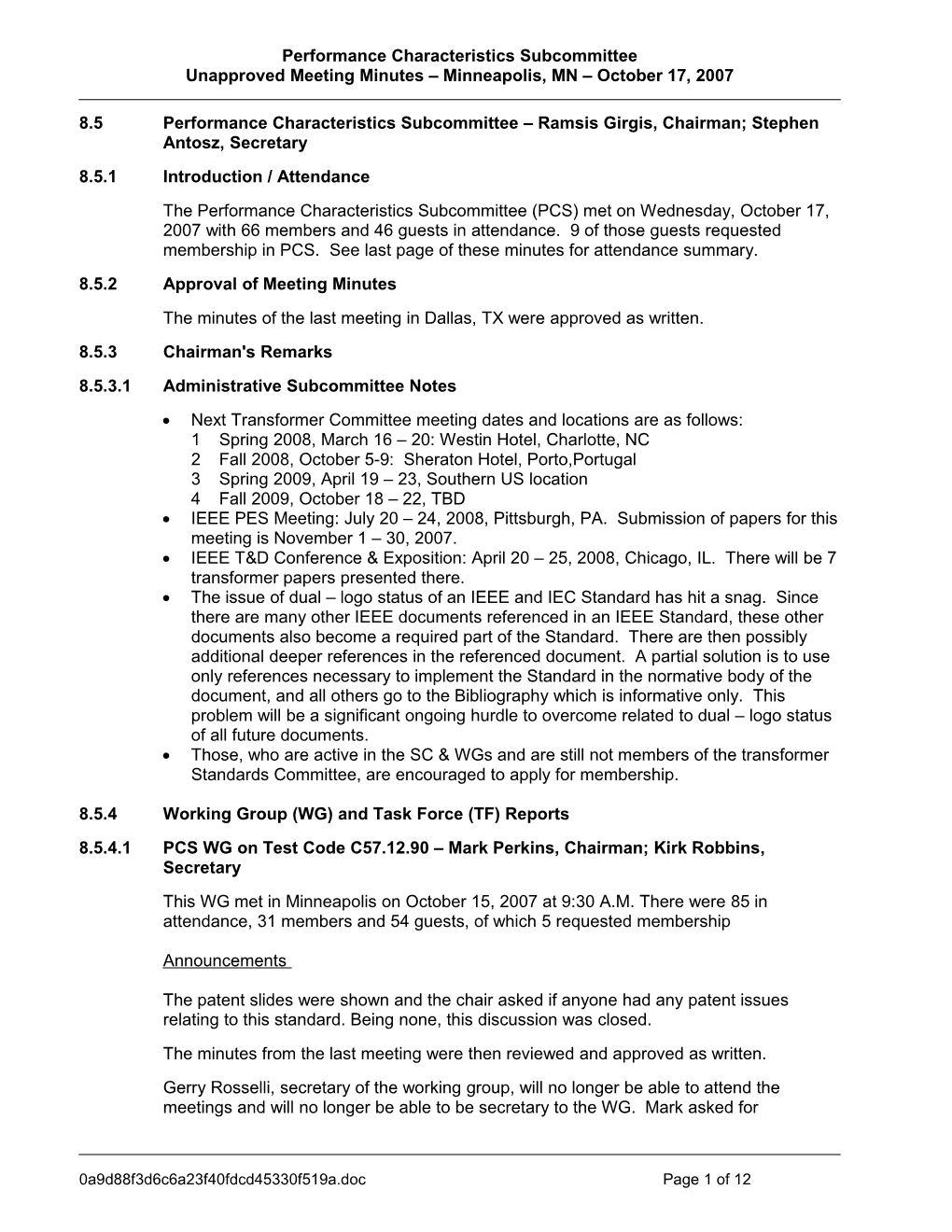 Performance Characteristics Subcommittee