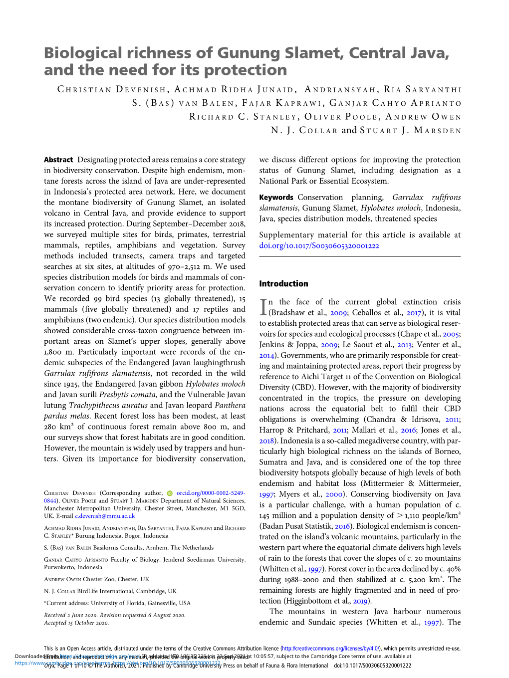 Biological Richness of Gunung Slamet, Central Java, and the Need for Its Protection