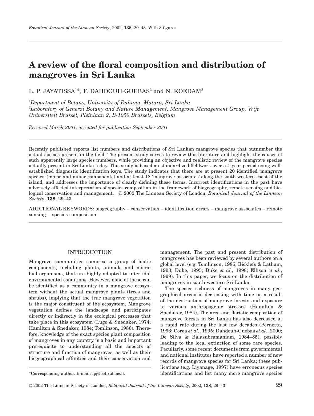 A Review of the Floral Composition and Distribution of Mangroves in Sri Lanka