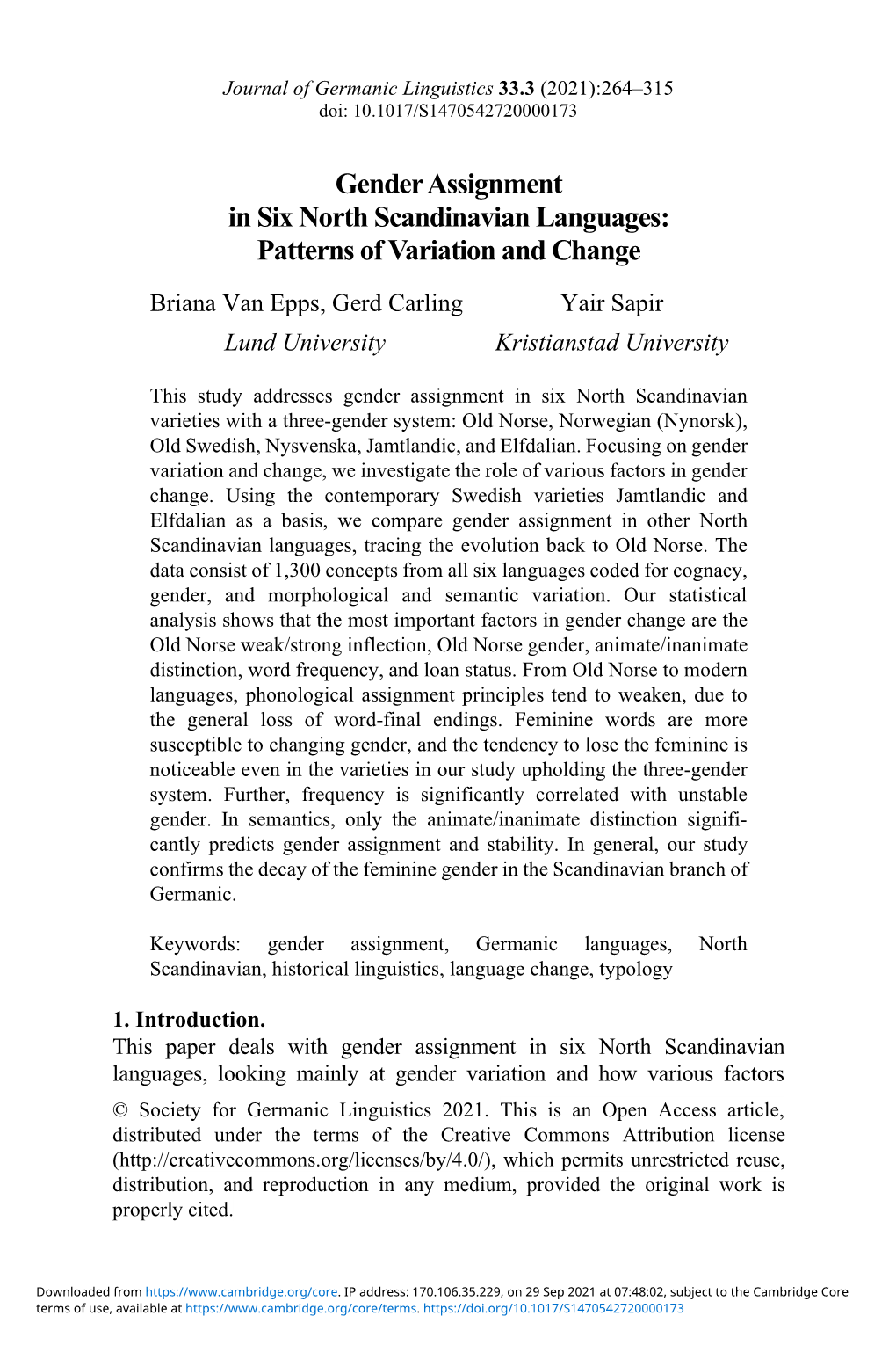 Gender Assignment in Six North Scandinavian Languages