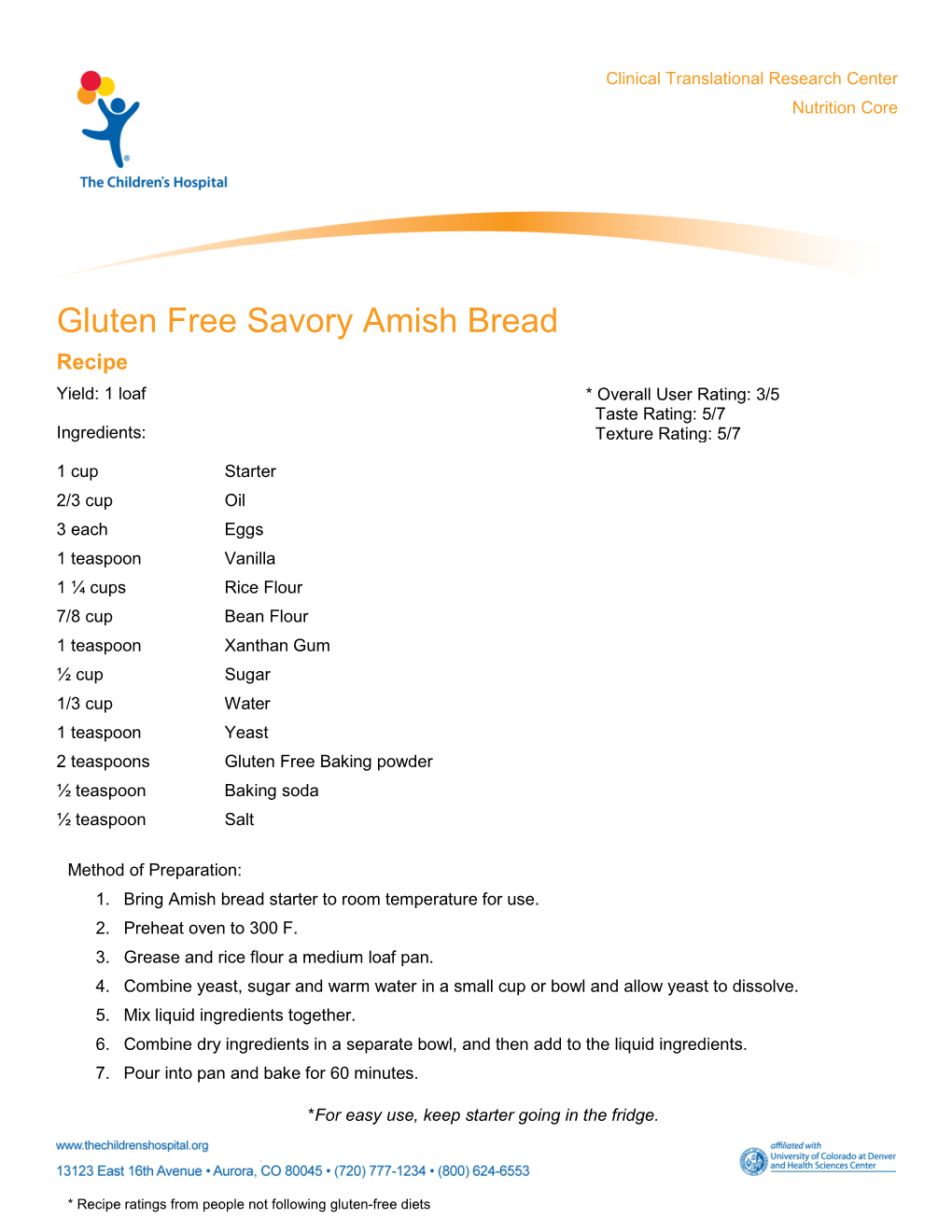 Gluten Free Savory Amish Bread Recipe Yield: 1 Loaf * Overall User Rating: 3/5 Taste Rating: 5/7 Ingredients: Texture Rating: 5/7