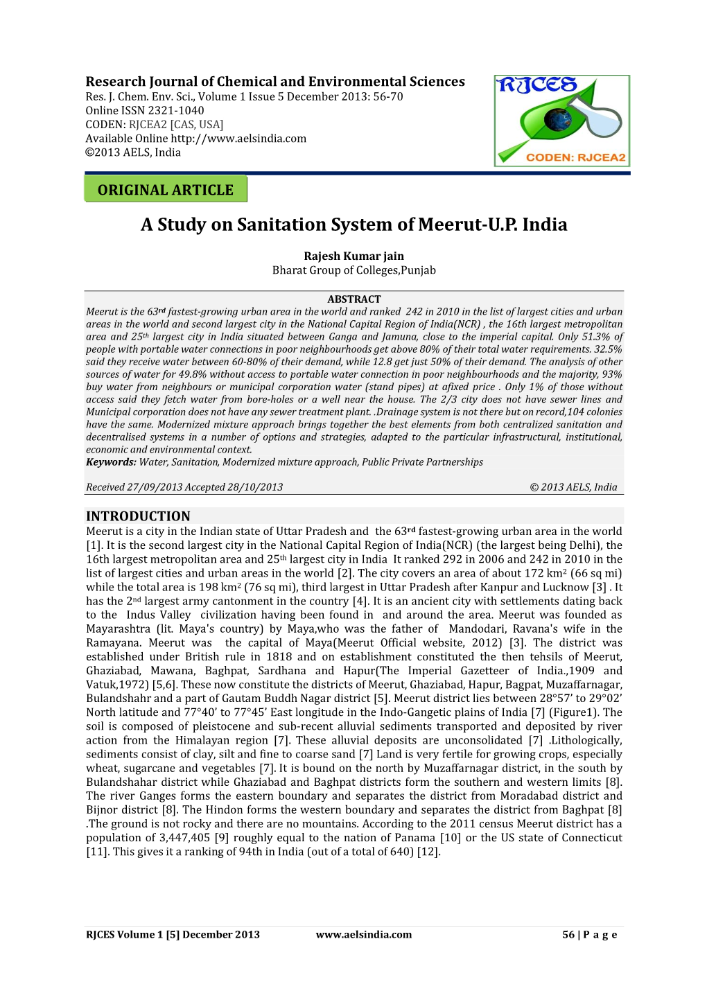 A Study on Sanitation System of Meerut-U.P. India